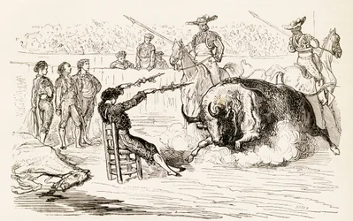 Un banderillero espagnol plaçant les banderilles assis sur une chaise, 1878